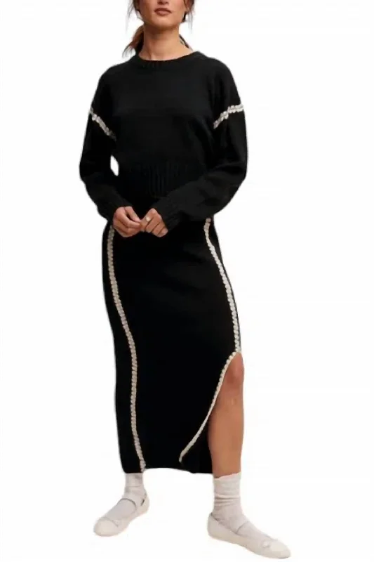 Contrast Stitch Knit Sweater And Long Skirt Set In Black