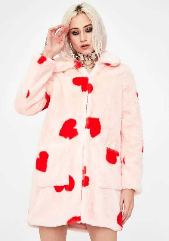 Heart Print Faux Fur Coat