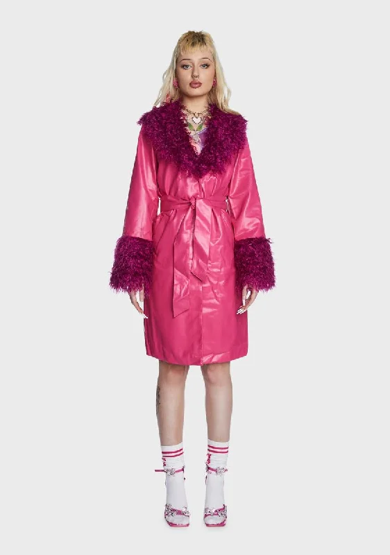 Pink Faux Leather Fur Trim Coat