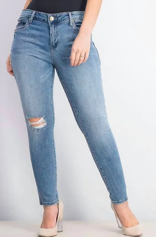 Emma 9" Distressed Mid Rise Ankle Skinny Jeans In Blue