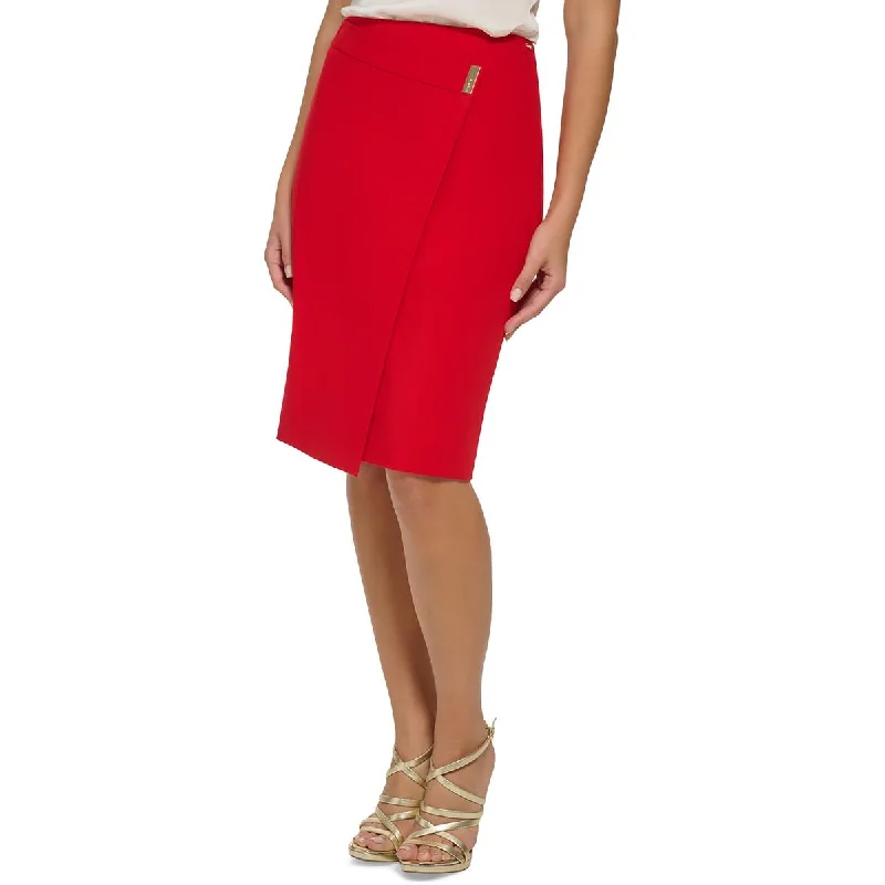 Petites Womens Asymmetric Midi Pencil Skirt