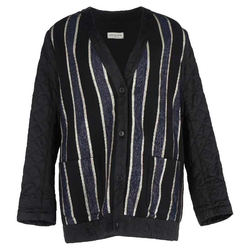 Dries Van Noten Stripe Quilted Button-Down Jacket in Black Wool