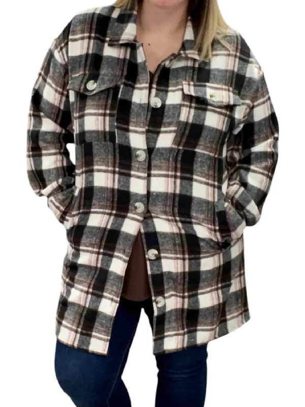 Plaid Flannel Shirt Coat In Brown