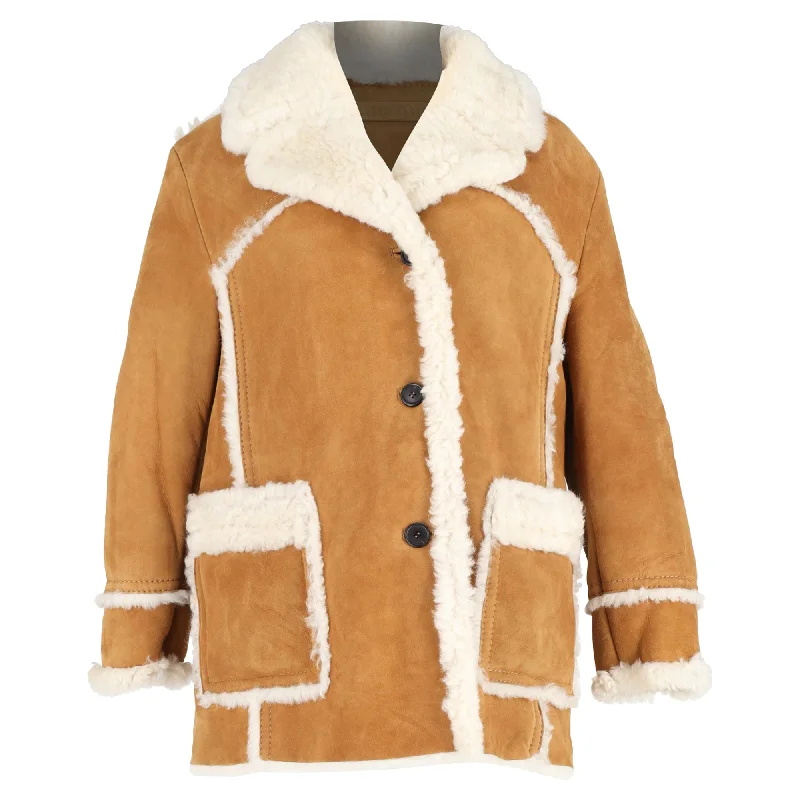 Miu Miu Shearling Single-Breasted Jacket with Pockets in Brown Suede