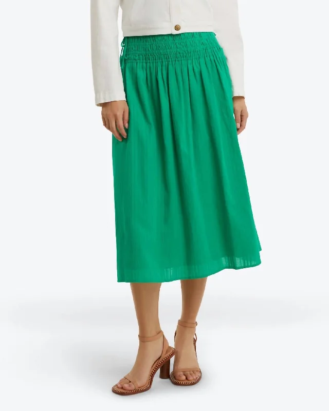 Smocked Waist Midi Skirt In Mint Green Dobby Stripe