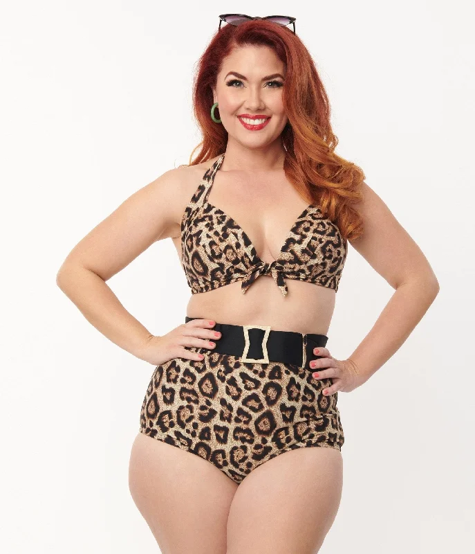 Unique Vintage Plus Size Leopard Print High Waist Belted Swim Bottom