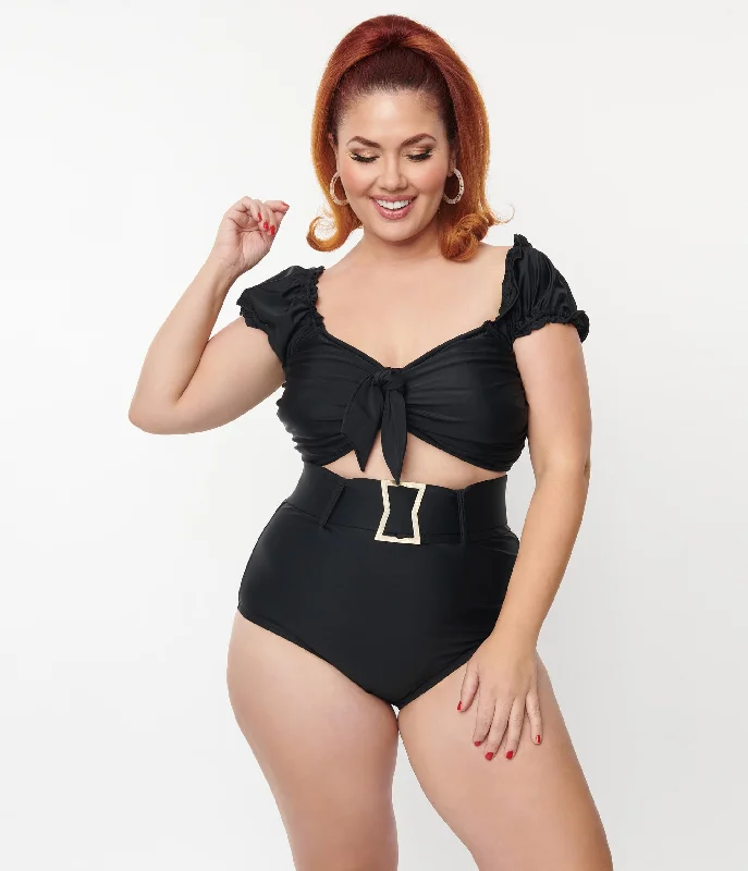 Unique Vintage Plus Size Black High Waist Belted Swim Bottom