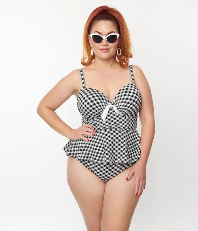 Unique Vintage Plus Size Black & White Gingham Daphne Swim Bottoms