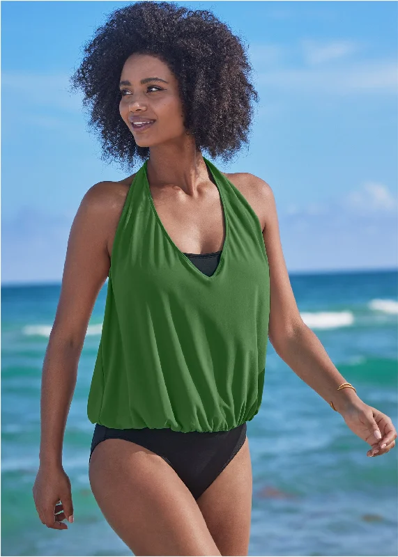 Cowl Neck Twofer One-Piece - Everglades Green & Black