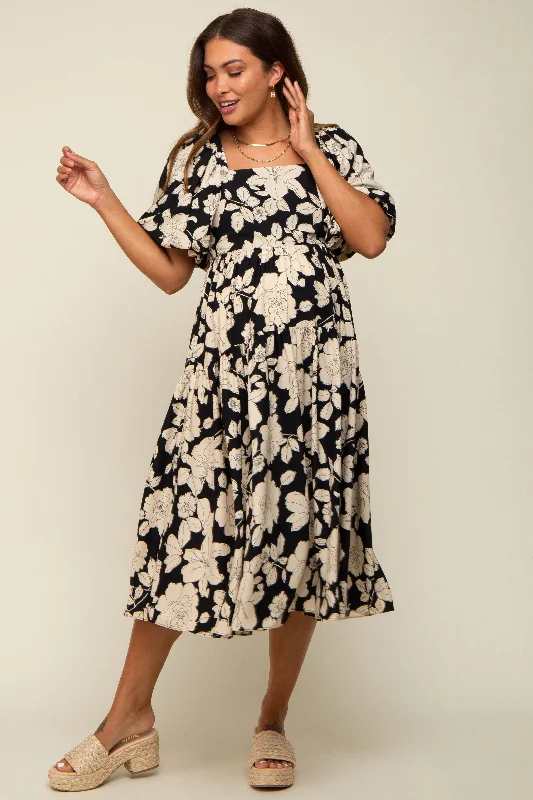 Black Floral Puff Sleeve Tiered Maternity Dress