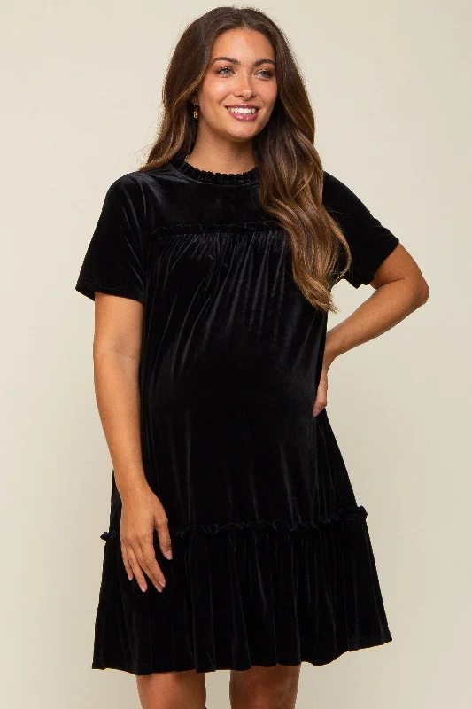 Black Ruffle Accent Velvet Maternity Dress