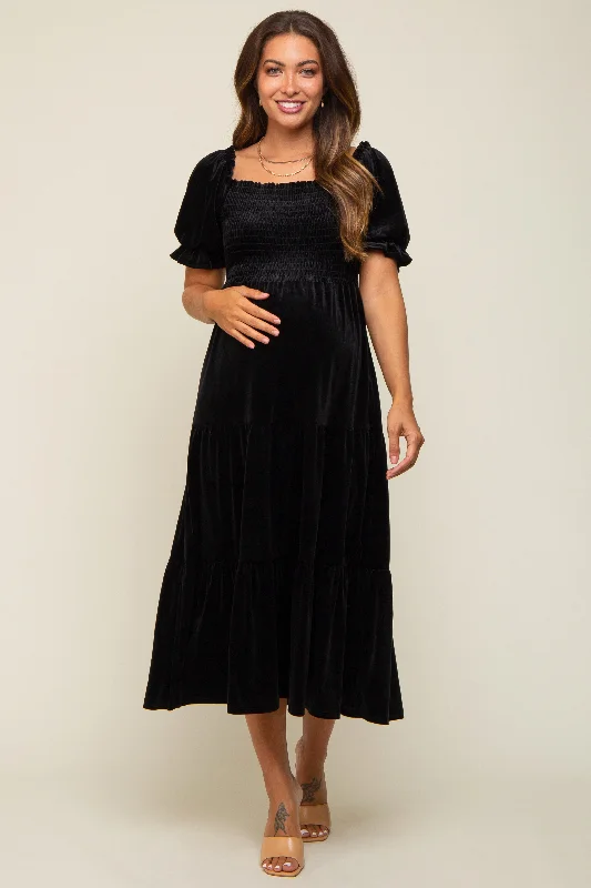 Black Velvet Tiered Maternity Midi Dress