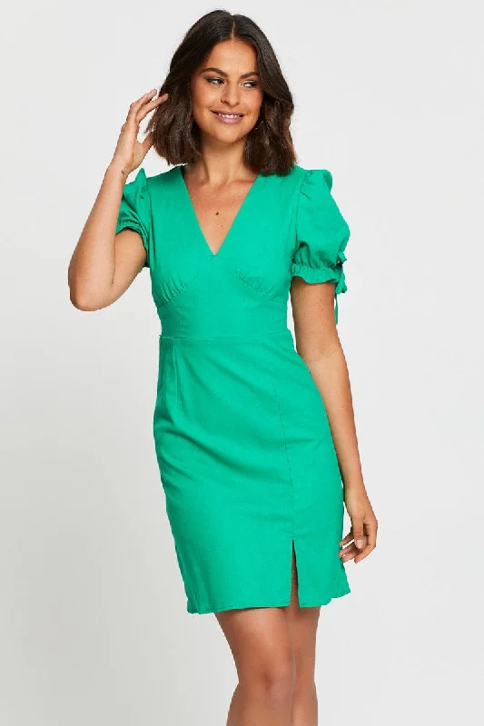 Green Mini Dress V Neck