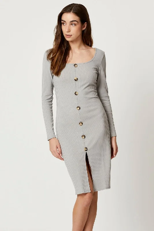 Grey Rib Button Front Dress