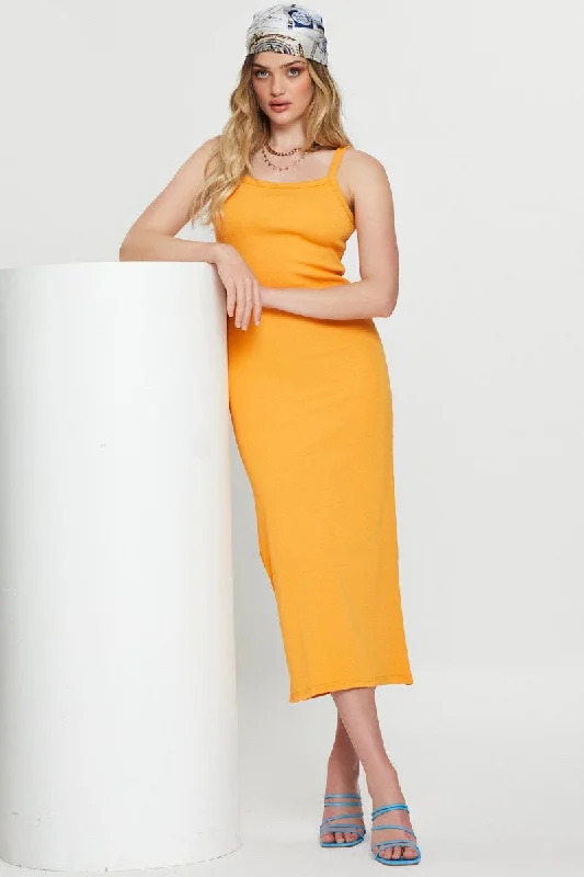 Orange Bodycon Dress Sleeveless Midi