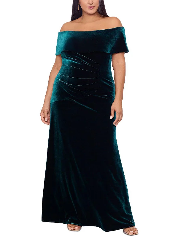 Plus Womens Velvet Gathered Evening Dress