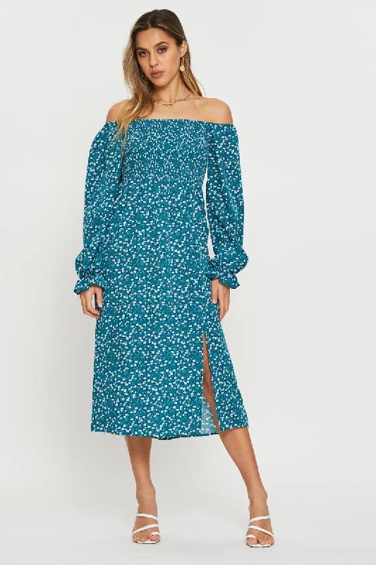 Print Midi Dress Off Shoulder