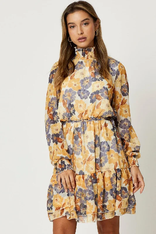 Print Mini Dress Long Sleeve Evening