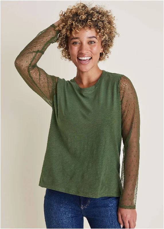 Mesh Sleeve Top - Bronze Green