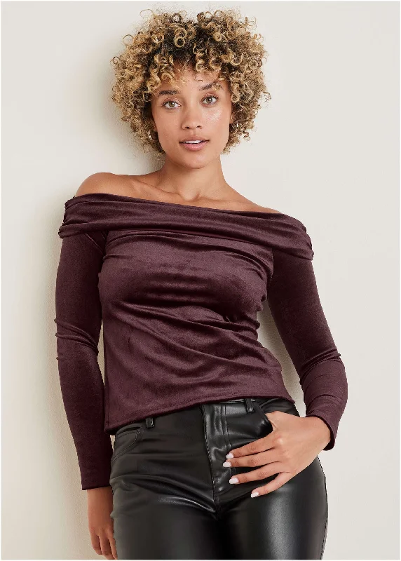 Off-The-Shoulder Velvet Top - Wine