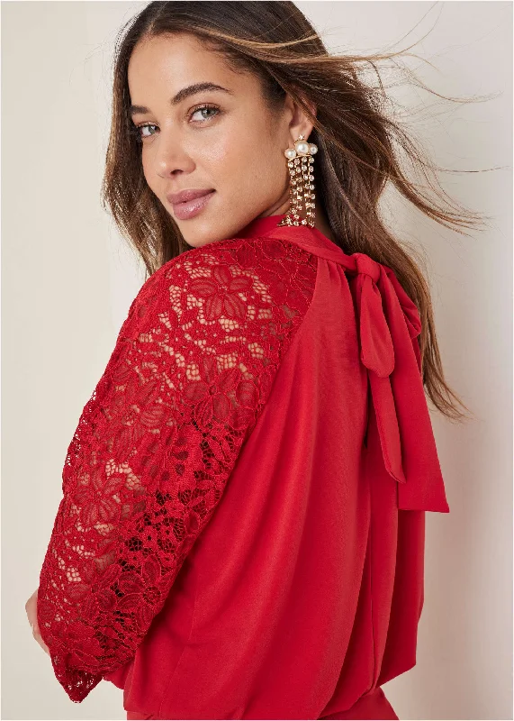 Lace Sleeve Blouse - Equestrian Red