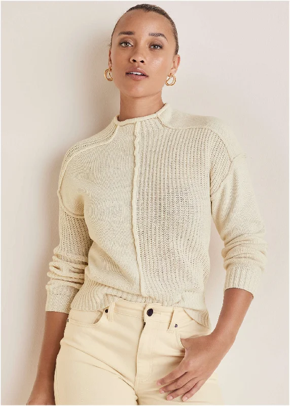 Mock Neck Knit Sweater  - Off White