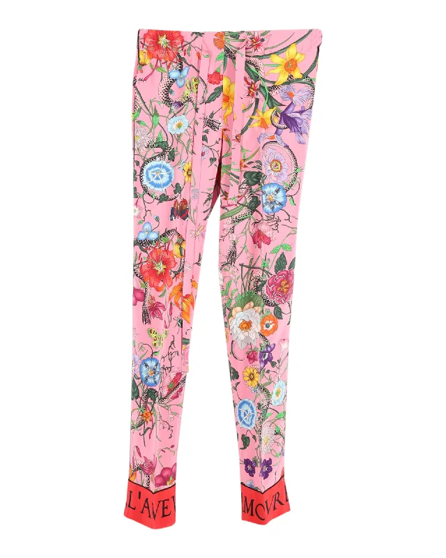 Gucci Snake Flora Print Trousers in Pink Silk