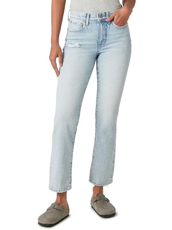 Zoe Womens High-Rise Distressed Straight Leg Jeans